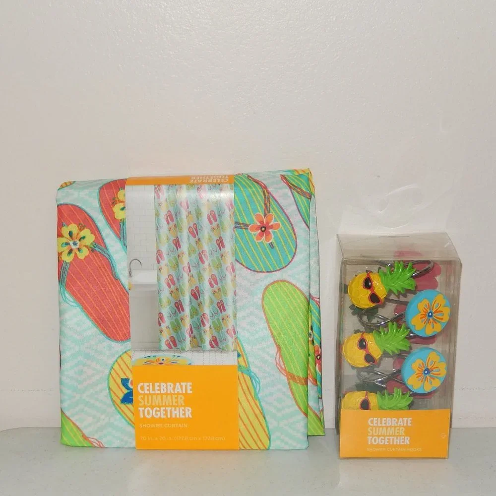 New Shower Curtain with Hooks Celebrate Summer Together Flip Flop Bright NWT